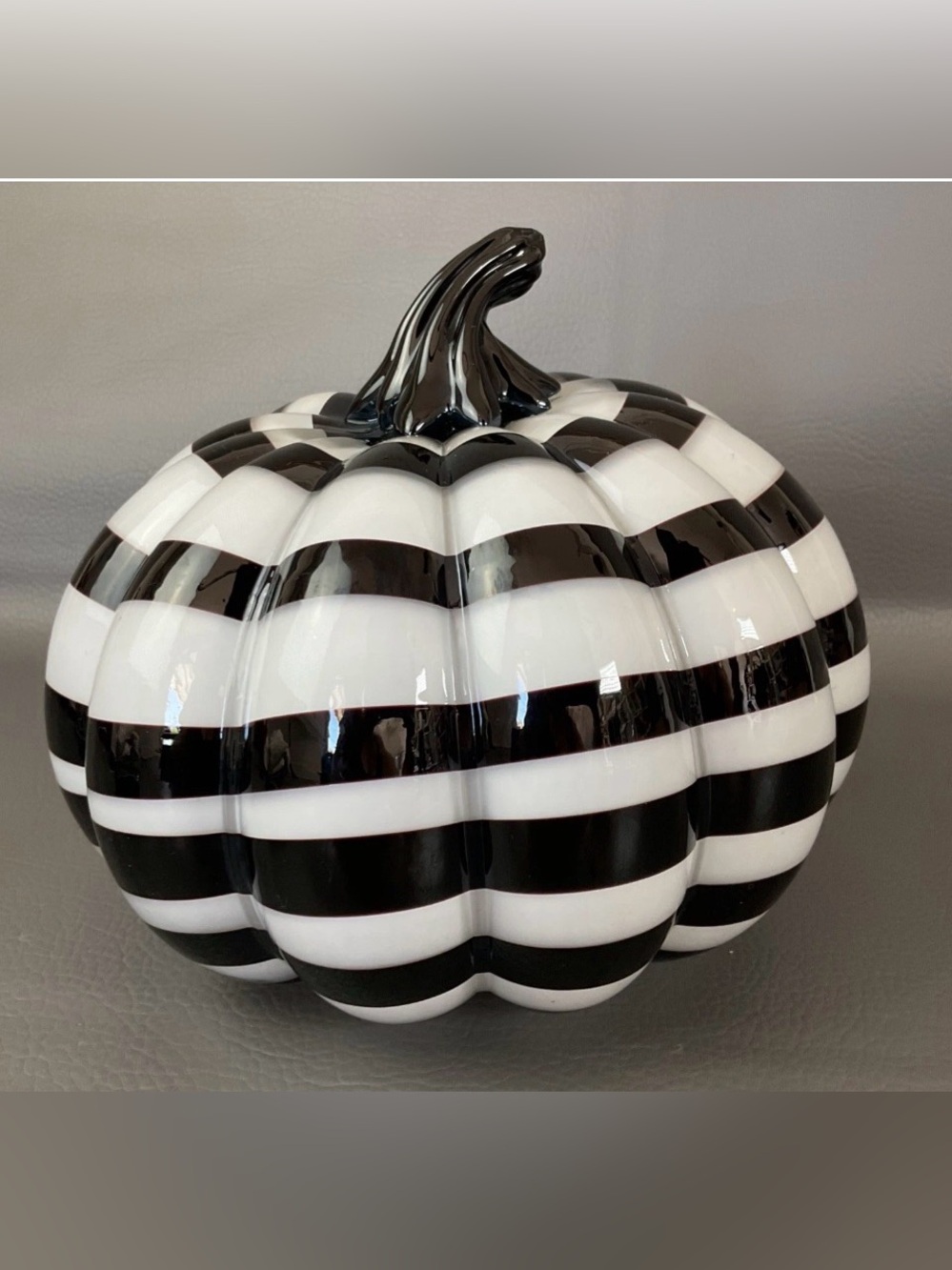 Christian Siriano Hand Blown Art Glass Pumpkin White Black Stripe Swirl 8”x7”
